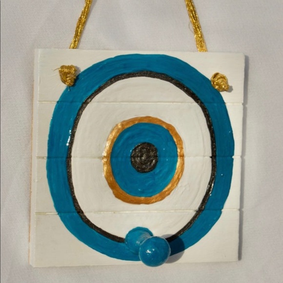 Deep Blue & Metallic Gold Evil Eye Painting on Wood Block with Knob & Gold Rope - Picture 5 of 7